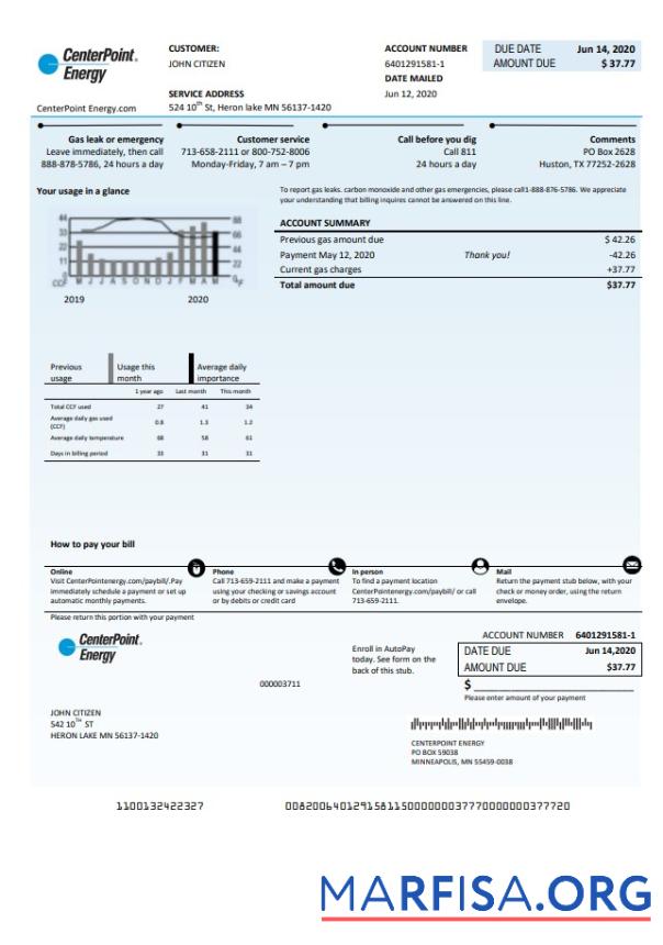 Printable USA Texas Center Point Energy utility bill template in Word and PDF format